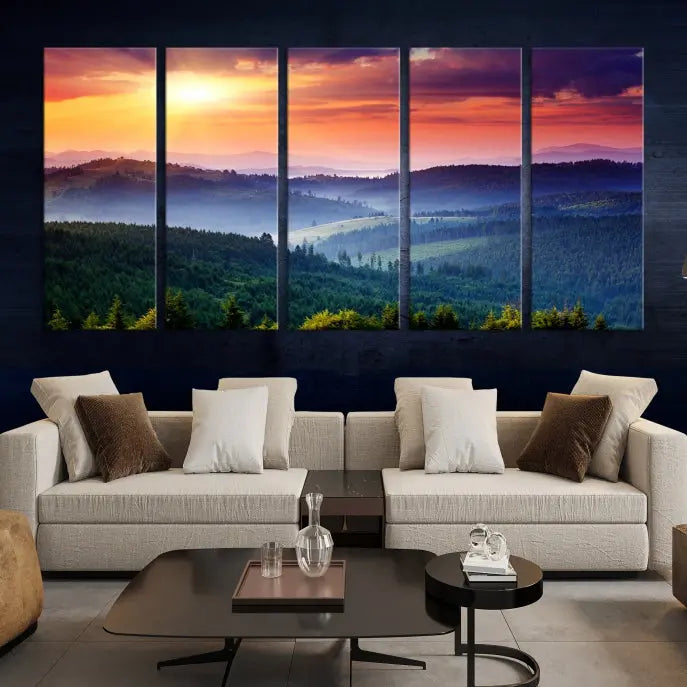 The triptych titled "Beautiful Sunset over Hills Forest Landscape Canvas Wall Art Print" enhances the space, being printed on museum-quality canvases with a UV-protective coating to ensure vibrant colors endure.