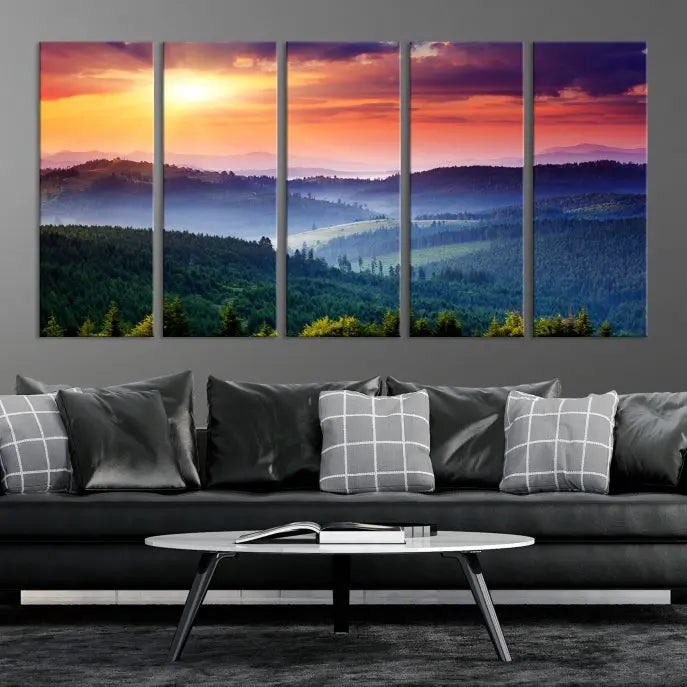 The triptych titled "Beautiful Sunset over Hills Forest Landscape Canvas Wall Art Print" enhances the space, being printed on museum-quality canvases with a UV-protective coating to ensure vibrant colors endure.