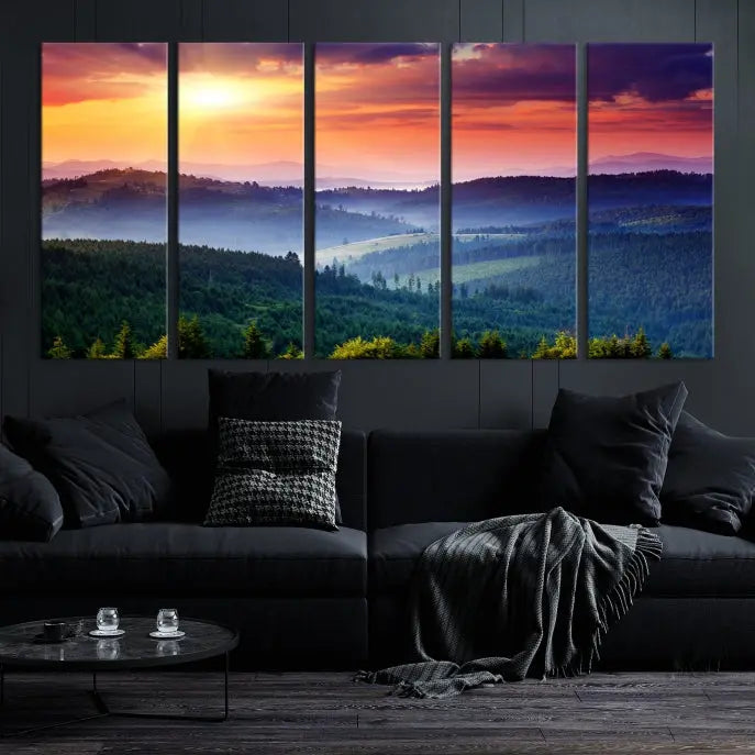 The triptych titled "Beautiful Sunset over Hills Forest Landscape Canvas Wall Art Print" enhances the space, being printed on museum-quality canvases with a UV-protective coating to ensure vibrant colors endure.