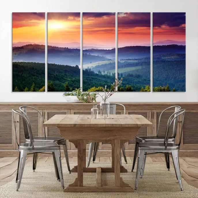 The triptych titled "Beautiful Sunset over Hills Forest Landscape Canvas Wall Art Print" enhances the space, being printed on museum-quality canvases with a UV-protective coating to ensure vibrant colors endure.