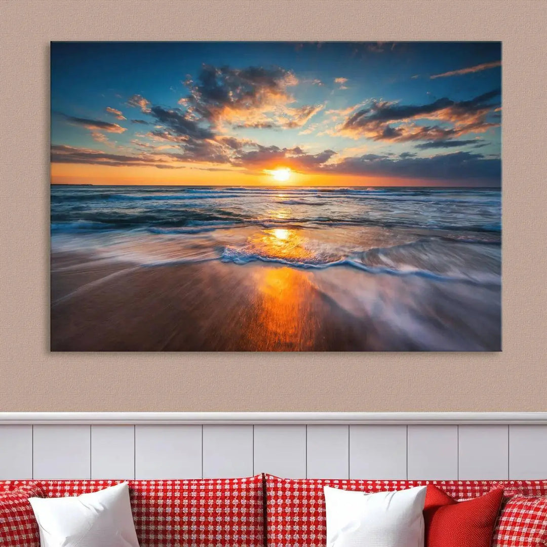 The living room showcases a triptych of the "Beautiful Sunset over the Horizon Beach" canvas wall art, crafted on museum-quality canvas with hand-assembled framing.