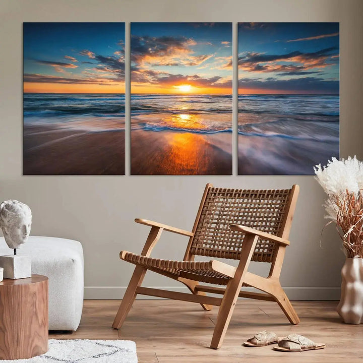 The living room showcases a triptych of the "Beautiful Sunset over the Horizon Beach" canvas wall art, crafted on museum-quality canvas with hand-assembled framing.