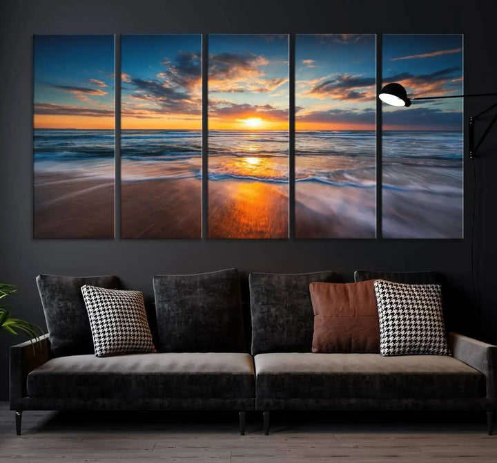 The living room showcases a triptych of the "Beautiful Sunset over the Horizon Beach" canvas wall art, crafted on museum-quality canvas with hand-assembled framing.