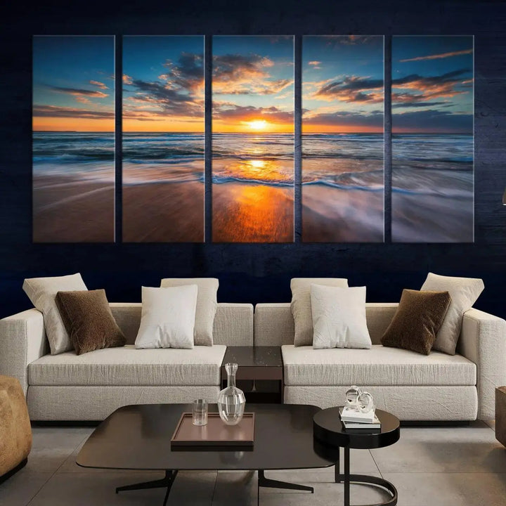 The living room showcases a triptych of the "Beautiful Sunset over the Horizon Beach" canvas wall art, crafted on museum-quality canvas with hand-assembled framing.