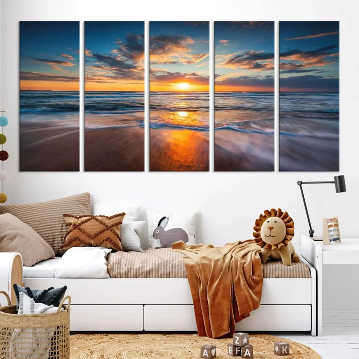 The living room showcases a triptych of the "Beautiful Sunset over the Horizon Beach" canvas wall art, crafted on museum-quality canvas with hand-assembled framing.