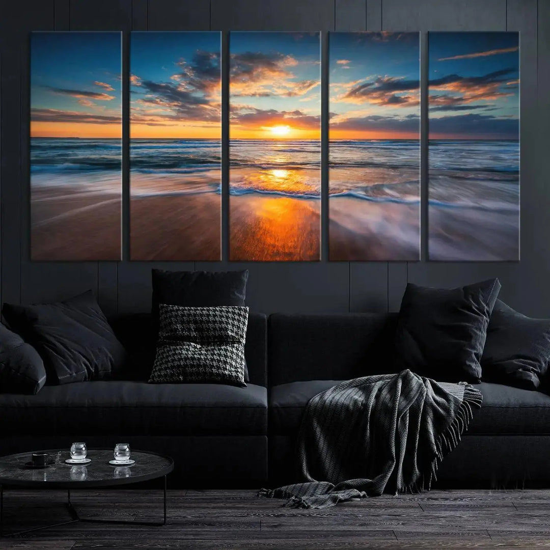 The living room showcases a triptych of the "Beautiful Sunset over the Horizon Beach" canvas wall art, crafted on museum-quality canvas with hand-assembled framing.