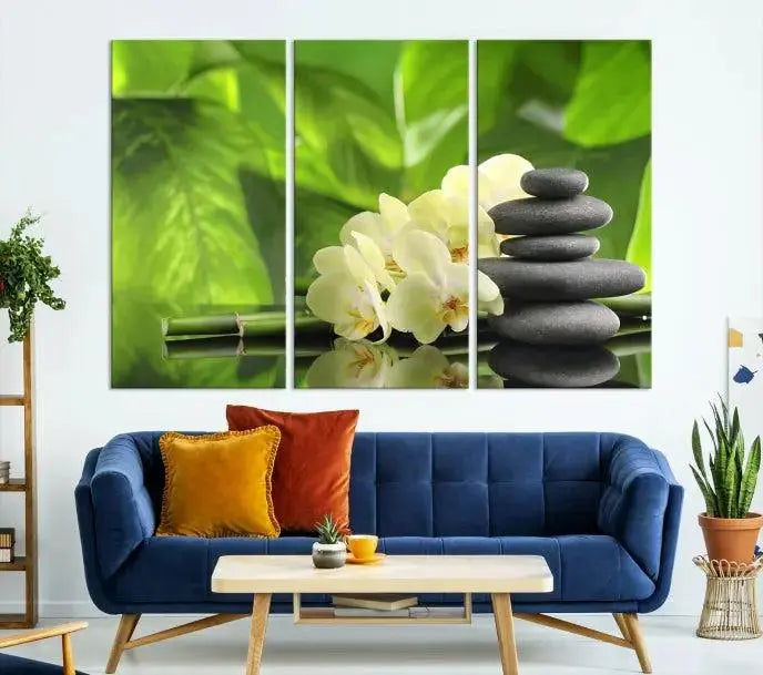 The "Beauty and Yoga Zen Wall Art Canvas Print" is prominently featured, showcasing green leaves, white flowers, and stacked stones. This artwork is presented on a museum-quality canvas with a UV-protective coating, ensuring long-lasting vibrancy.