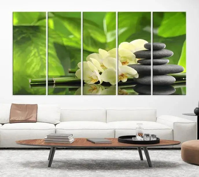 The "Beauty and Yoga Zen Wall Art Canvas Print" is prominently featured, showcasing green leaves, white flowers, and stacked stones. This artwork is presented on a museum-quality canvas with a UV-protective coating, ensuring long-lasting vibrancy.