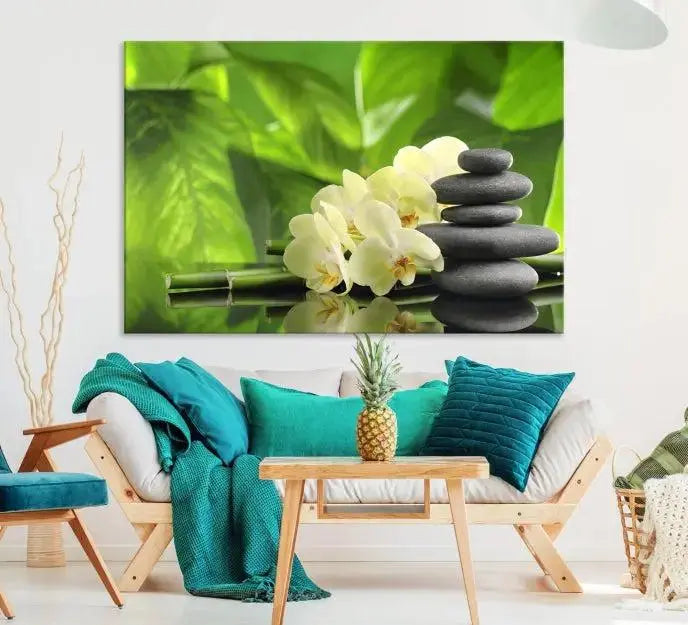 The "Beauty and Yoga Zen Wall Art Canvas Print" is prominently featured, showcasing green leaves, white flowers, and stacked stones. This artwork is presented on a museum-quality canvas with a UV-protective coating, ensuring long-lasting vibrancy.