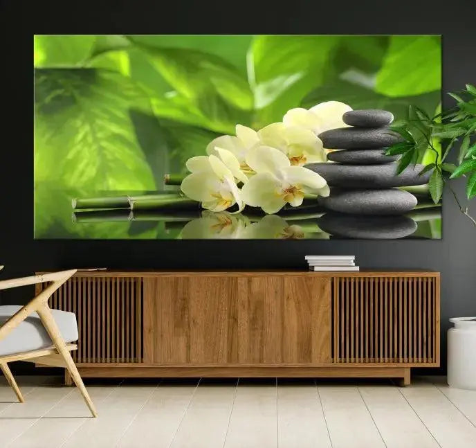 The "Beauty and Yoga Zen Wall Art Canvas Print" is prominently featured, showcasing green leaves, white flowers, and stacked stones. This artwork is presented on a museum-quality canvas with a UV-protective coating, ensuring long-lasting vibrancy.