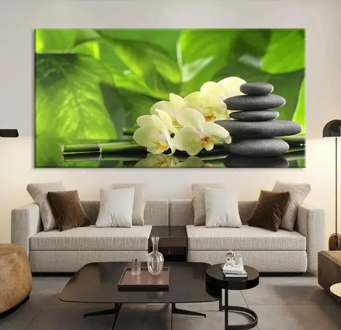 The "Beauty and Yoga Zen Wall Art Canvas Print" is prominently featured, showcasing green leaves, white flowers, and stacked stones. This artwork is presented on a museum-quality canvas with a UV-protective coating, ensuring long-lasting vibrancy.