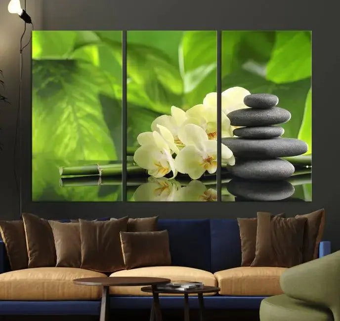 The "Beauty and Yoga Zen Wall Art Canvas Print" is prominently featured, showcasing green leaves, white flowers, and stacked stones. This artwork is presented on a museum-quality canvas with a UV-protective coating, ensuring long-lasting vibrancy.