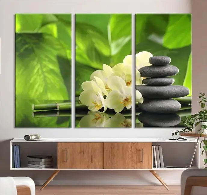 The "Beauty and Yoga Zen Wall Art Canvas Print" is prominently featured, showcasing green leaves, white flowers, and stacked stones. This artwork is presented on a museum-quality canvas with a UV-protective coating, ensuring long-lasting vibrancy.