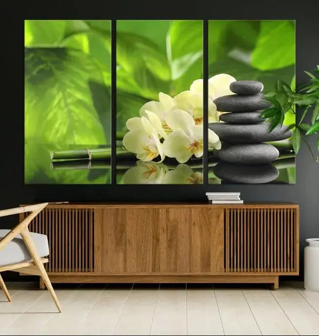 The "Beauty and Yoga Zen Wall Art Canvas Print" is prominently featured, showcasing green leaves, white flowers, and stacked stones. This artwork is presented on a museum-quality canvas with a UV-protective coating, ensuring long-lasting vibrancy.