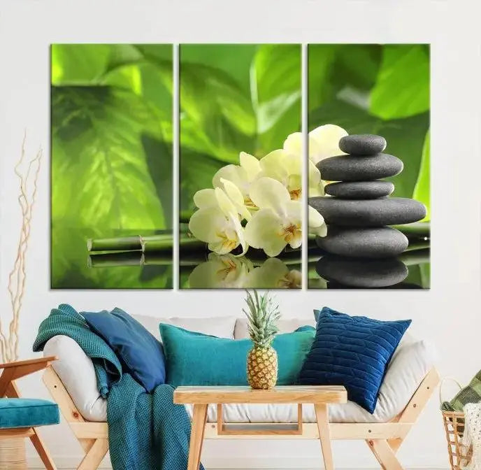 The "Beauty and Yoga Zen Wall Art Canvas Print" is prominently featured, showcasing green leaves, white flowers, and stacked stones. This artwork is presented on a museum-quality canvas with a UV-protective coating, ensuring long-lasting vibrancy.