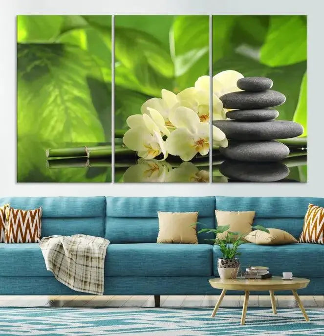 The "Beauty and Yoga Zen Wall Art Canvas Print" is prominently featured, showcasing green leaves, white flowers, and stacked stones. This artwork is presented on a museum-quality canvas with a UV-protective coating, ensuring long-lasting vibrancy.