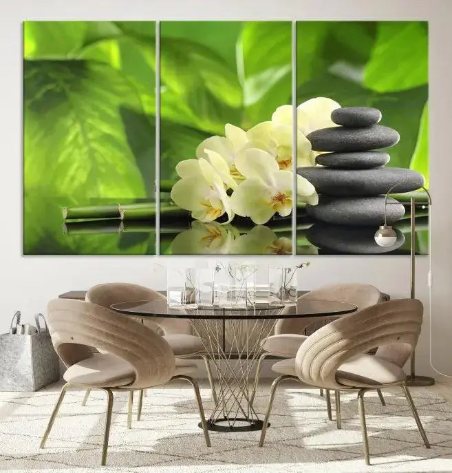 The "Beauty and Yoga Zen Wall Art Canvas Print" is prominently featured, showcasing green leaves, white flowers, and stacked stones. This artwork is presented on a museum-quality canvas with a UV-protective coating, ensuring long-lasting vibrancy.