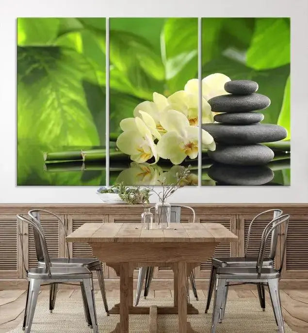 The "Beauty and Yoga Zen Wall Art Canvas Print" is prominently featured, showcasing green leaves, white flowers, and stacked stones. This artwork is presented on a museum-quality canvas with a UV-protective coating, ensuring long-lasting vibrancy.