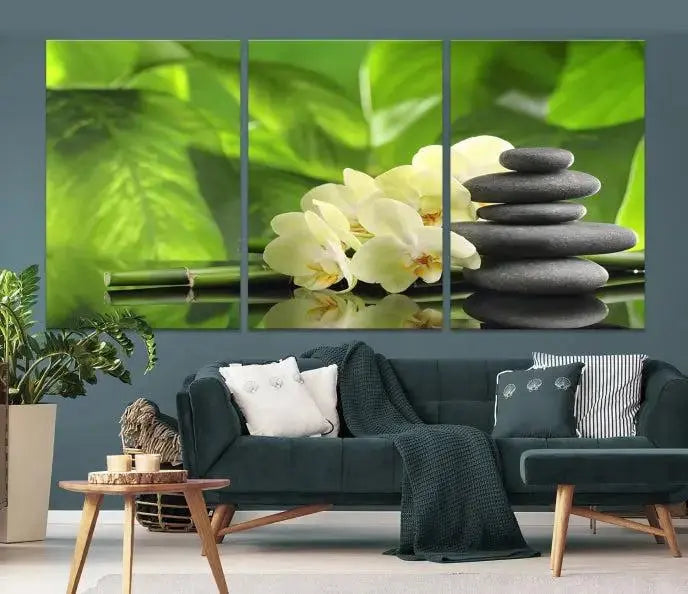 The "Beauty and Yoga Zen Wall Art Canvas Print" is prominently featured, showcasing green leaves, white flowers, and stacked stones. This artwork is presented on a museum-quality canvas with a UV-protective coating, ensuring long-lasting vibrancy.