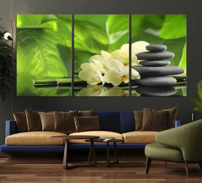 The "Beauty and Yoga Zen Wall Art Canvas Print" is prominently featured, showcasing green leaves, white flowers, and stacked stones. This artwork is presented on a museum-quality canvas with a UV-protective coating, ensuring long-lasting vibrancy.