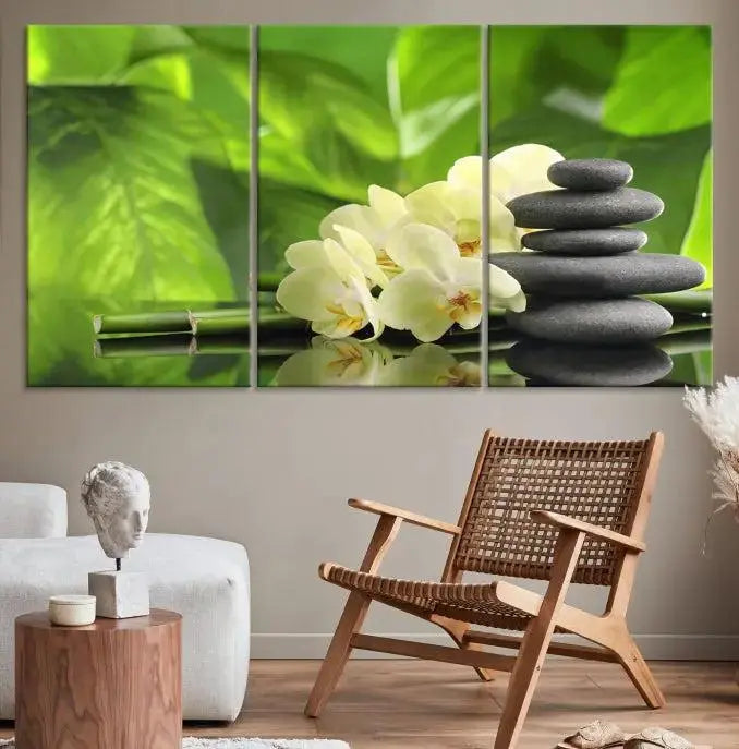 The "Beauty and Yoga Zen Wall Art Canvas Print" is prominently featured, showcasing green leaves, white flowers, and stacked stones. This artwork is presented on a museum-quality canvas with a UV-protective coating, ensuring long-lasting vibrancy.