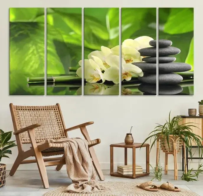 The "Beauty and Yoga Zen Wall Art Canvas Print" is prominently featured, showcasing green leaves, white flowers, and stacked stones. This artwork is presented on a museum-quality canvas with a UV-protective coating, ensuring long-lasting vibrancy.