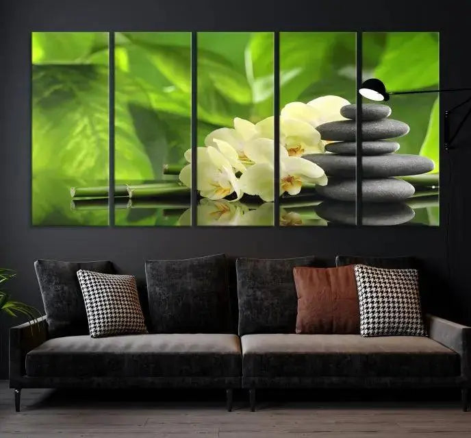 The "Beauty and Yoga Zen Wall Art Canvas Print" is prominently featured, showcasing green leaves, white flowers, and stacked stones. This artwork is presented on a museum-quality canvas with a UV-protective coating, ensuring long-lasting vibrancy.