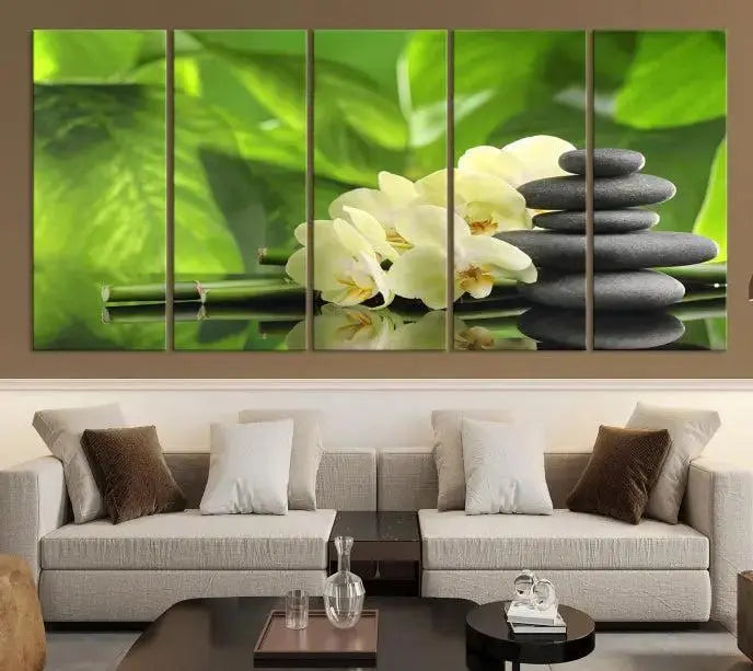 The "Beauty and Yoga Zen Wall Art Canvas Print" is prominently featured, showcasing green leaves, white flowers, and stacked stones. This artwork is presented on a museum-quality canvas with a UV-protective coating, ensuring long-lasting vibrancy.