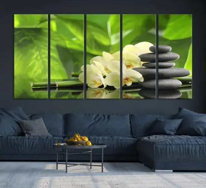 The "Beauty and Yoga Zen Wall Art Canvas Print" is prominently featured, showcasing green leaves, white flowers, and stacked stones. This artwork is presented on a museum-quality canvas with a UV-protective coating, ensuring long-lasting vibrancy.