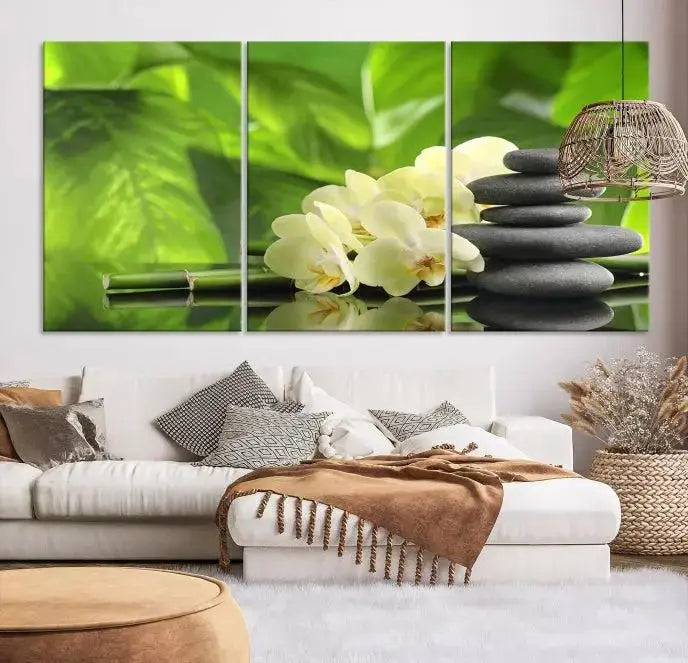 The "Beauty and Yoga Zen Wall Art Canvas Print" is prominently featured, showcasing green leaves, white flowers, and stacked stones. This artwork is presented on a museum-quality canvas with a UV-protective coating, ensuring long-lasting vibrancy.