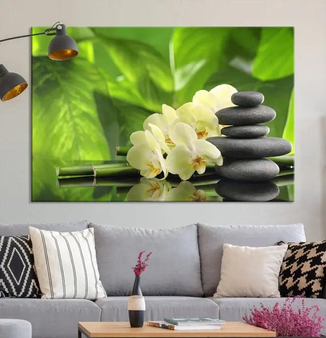 The "Beauty and Yoga Zen Wall Art Canvas Print" is prominently featured, showcasing green leaves, white flowers, and stacked stones. This artwork is presented on a museum-quality canvas with a UV-protective coating, ensuring long-lasting vibrancy.