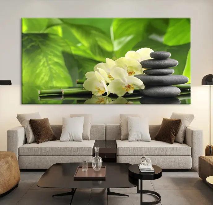 The "Beauty and Yoga Zen Wall Art Canvas Print" is prominently featured, showcasing green leaves, white flowers, and stacked stones. This artwork is presented on a museum-quality canvas with a UV-protective coating, ensuring long-lasting vibrancy.