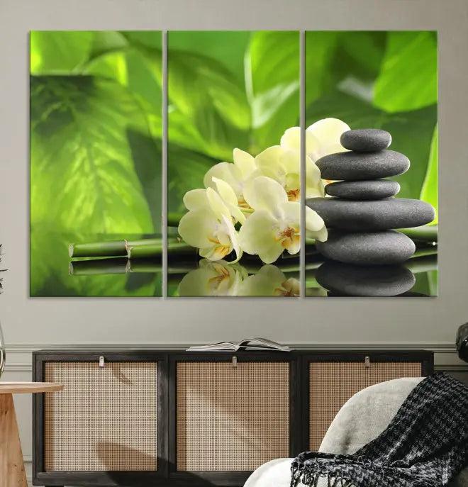 The "Beauty and Yoga Zen Wall Art Canvas Print" is prominently featured, showcasing green leaves, white flowers, and stacked stones. This artwork is presented on a museum-quality canvas with a UV-protective coating, ensuring long-lasting vibrancy.