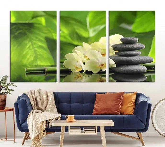 The "Beauty and Yoga Zen Wall Art Canvas Print" is prominently featured, showcasing green leaves, white flowers, and stacked stones. This artwork is presented on a museum-quality canvas with a UV-protective coating, ensuring long-lasting vibrancy.