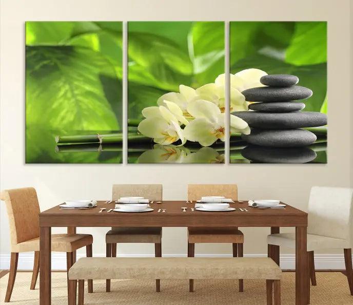 The "Beauty and Yoga Zen Wall Art Canvas Print" is prominently featured, showcasing green leaves, white flowers, and stacked stones. This artwork is presented on a museum-quality canvas with a UV-protective coating, ensuring long-lasting vibrancy.