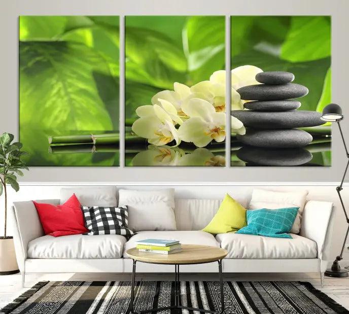 The "Beauty and Yoga Zen Wall Art Canvas Print" is prominently featured, showcasing green leaves, white flowers, and stacked stones. This artwork is presented on a museum-quality canvas with a UV-protective coating, ensuring long-lasting vibrancy.