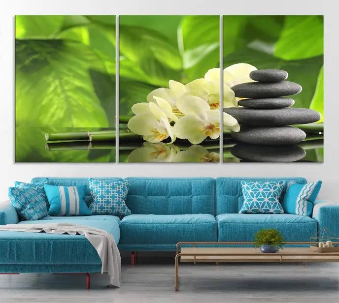 The "Beauty and Yoga Zen Wall Art Canvas Print" is prominently featured, showcasing green leaves, white flowers, and stacked stones. This artwork is presented on a museum-quality canvas with a UV-protective coating, ensuring long-lasting vibrancy.