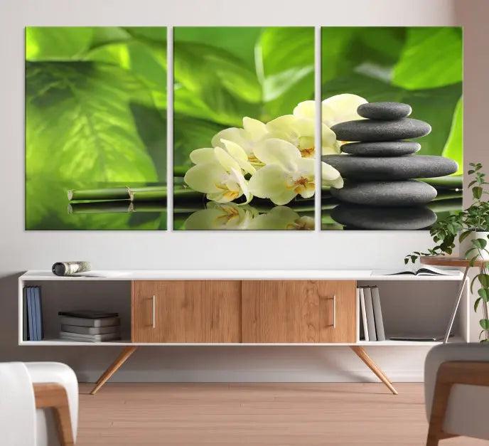 The "Beauty and Yoga Zen Wall Art Canvas Print" is prominently featured, showcasing green leaves, white flowers, and stacked stones. This artwork is presented on a museum-quality canvas with a UV-protective coating, ensuring long-lasting vibrancy.