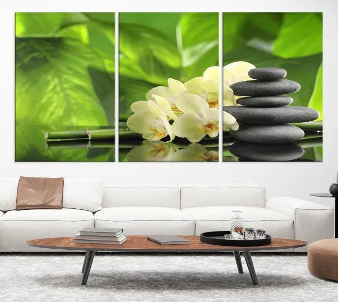 The "Beauty and Yoga Zen Wall Art Canvas Print" is prominently featured, showcasing green leaves, white flowers, and stacked stones. This artwork is presented on a museum-quality canvas with a UV-protective coating, ensuring long-lasting vibrancy.