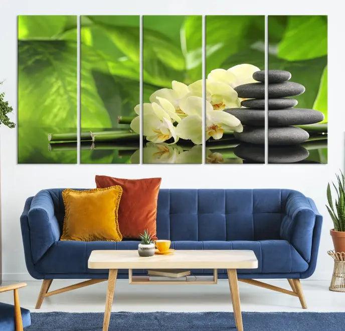 The "Beauty and Yoga Zen Wall Art Canvas Print" is prominently featured, showcasing green leaves, white flowers, and stacked stones. This artwork is presented on a museum-quality canvas with a UV-protective coating, ensuring long-lasting vibrancy.