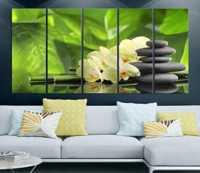 The "Beauty and Yoga Zen Wall Art Canvas Print" is prominently featured, showcasing green leaves, white flowers, and stacked stones. This artwork is presented on a museum-quality canvas with a UV-protective coating, ensuring long-lasting vibrancy.