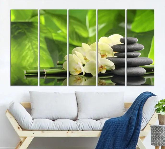 The "Beauty and Yoga Zen Wall Art Canvas Print" is prominently featured, showcasing green leaves, white flowers, and stacked stones. This artwork is presented on a museum-quality canvas with a UV-protective coating, ensuring long-lasting vibrancy.