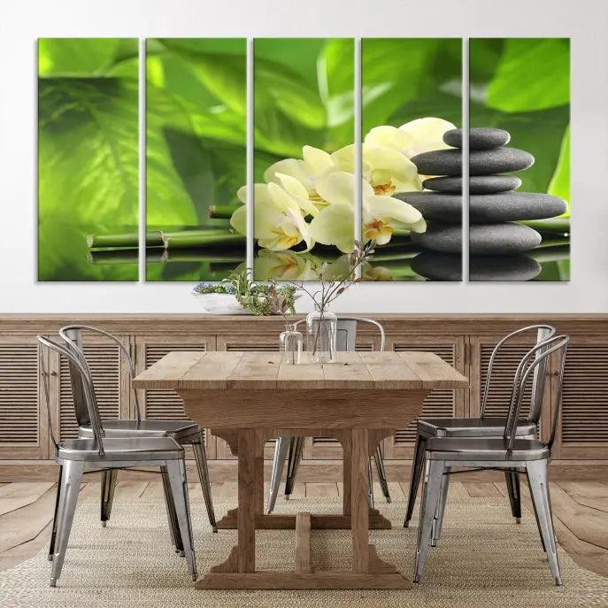 The "Beauty and Yoga Zen Wall Art Canvas Print" is prominently featured, showcasing green leaves, white flowers, and stacked stones. This artwork is presented on a museum-quality canvas with a UV-protective coating, ensuring long-lasting vibrancy.