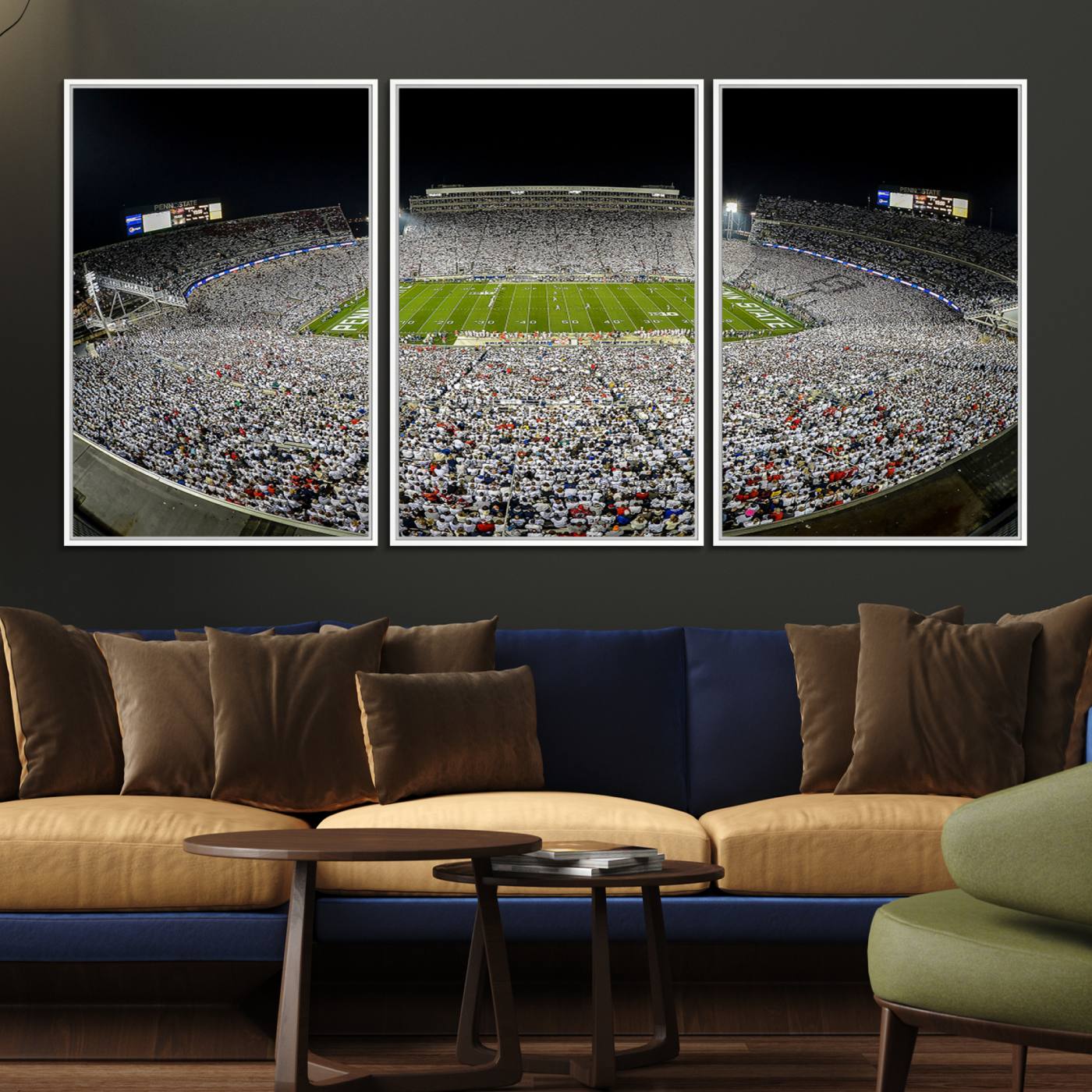 41012-MGV-FC-60X30-3P_White-Beaver Stadium Night Game Triple Canvas Wall Art - Penn State Nittany Lions Football Match