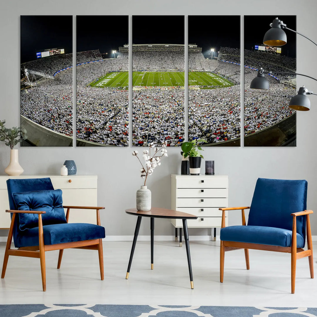 The Beaver Stadium Night Game Triple Canvas Wall Art - Penn State Nittany Lions Football Match features a panoramic view of a packed Beaver Stadium at night.