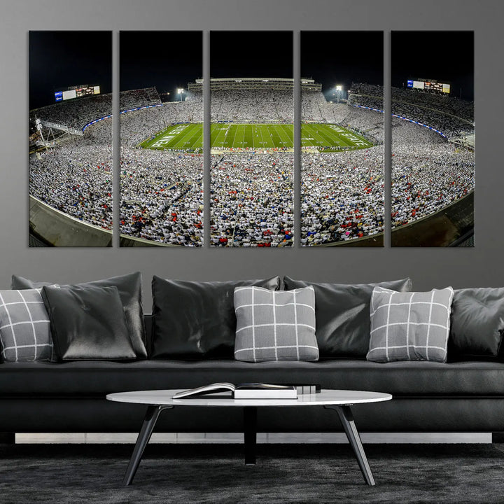 The Beaver Stadium Night Game Triple Canvas Wall Art - Penn State Nittany Lions Football Match features a panoramic view of a packed Beaver Stadium at night.