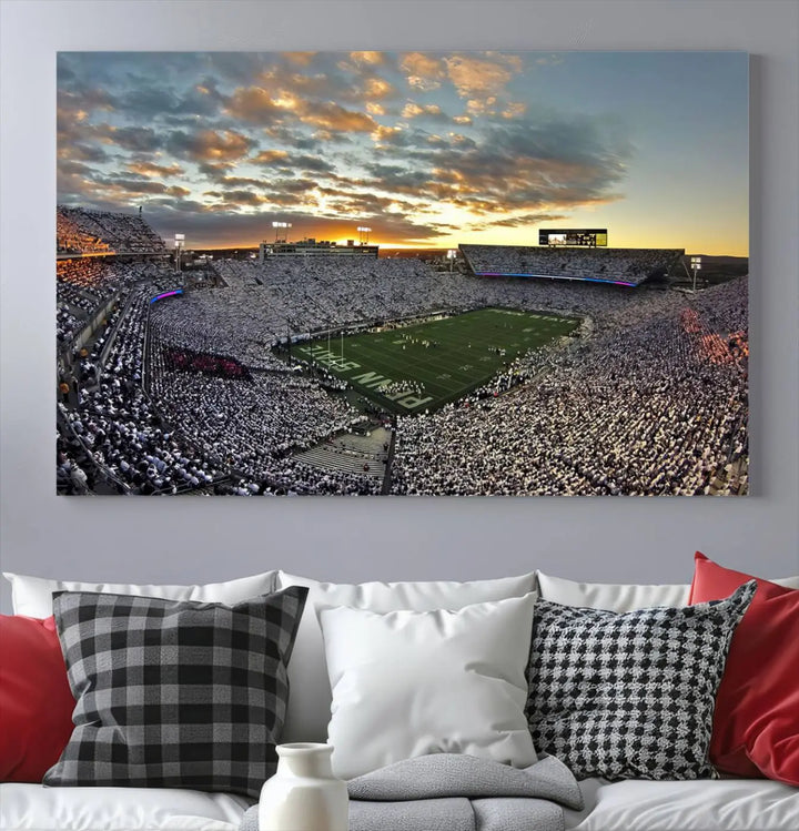 The living room features a beautifully decorated triptych of Beaver Stadium Wall Art, depicting the Penn Nittany Lions football match and capturing the vibrant energy of fans.