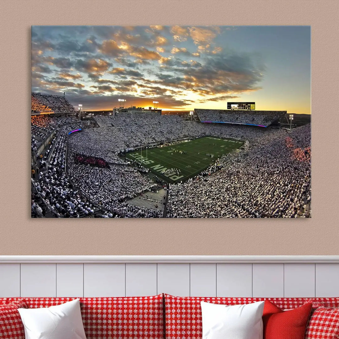 The living room features a beautifully decorated triptych of Beaver Stadium Wall Art, depicting the Penn Nittany Lions football match and capturing the vibrant energy of fans.