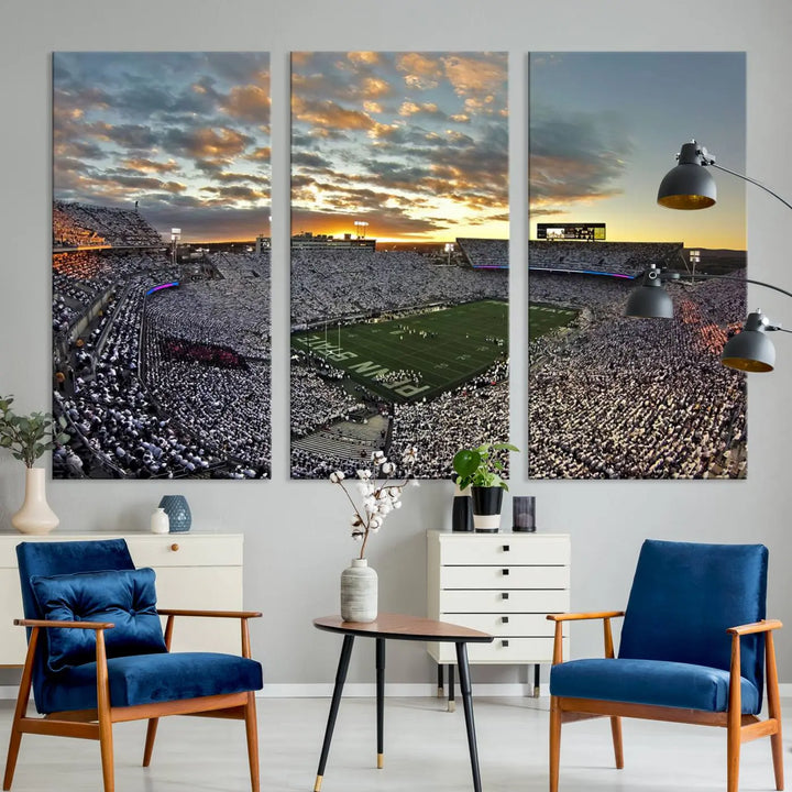 The living room features a beautifully decorated triptych of Beaver Stadium Wall Art, depicting the Penn Nittany Lions football match and capturing the vibrant energy of fans.