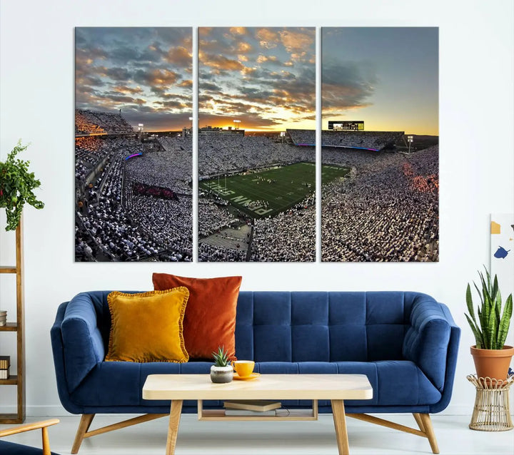 The living room features a beautifully decorated triptych of Beaver Stadium Wall Art, depicting the Penn Nittany Lions football match and capturing the vibrant energy of fans.